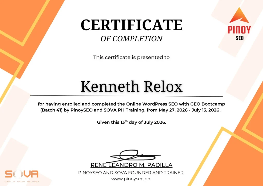 Kenneth Relox completed wordpress SEO & GEO training.